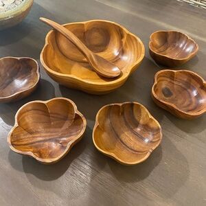 Vintage Monkey Pod Wood Salad Bowl Set Retro Mid century Modern